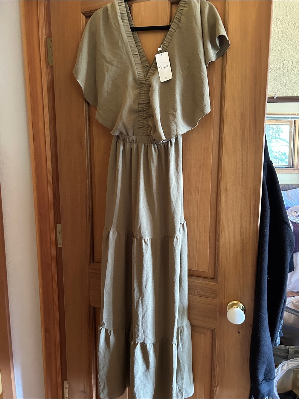 Simplee Apparel Olive Maxi Dress with Ruffle V-Neck